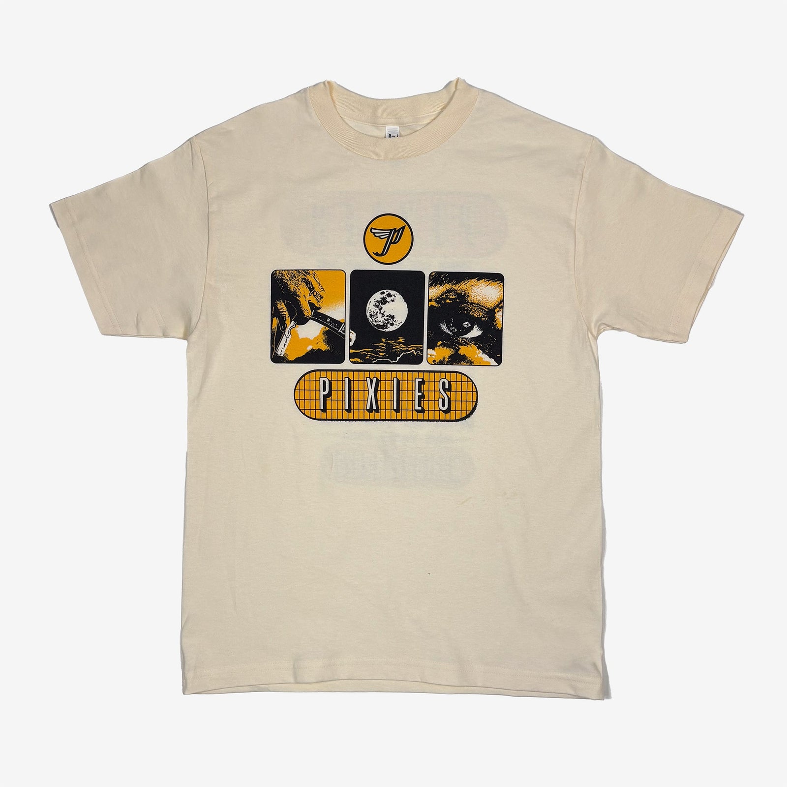 Natural color t shirt against a white background with a black and yellow Pixies "Circle P" logo and a series of black and yellow photos depicting a razor blade, a full moon, and a eye. Below is a yellow grid with text reading "Pixies"