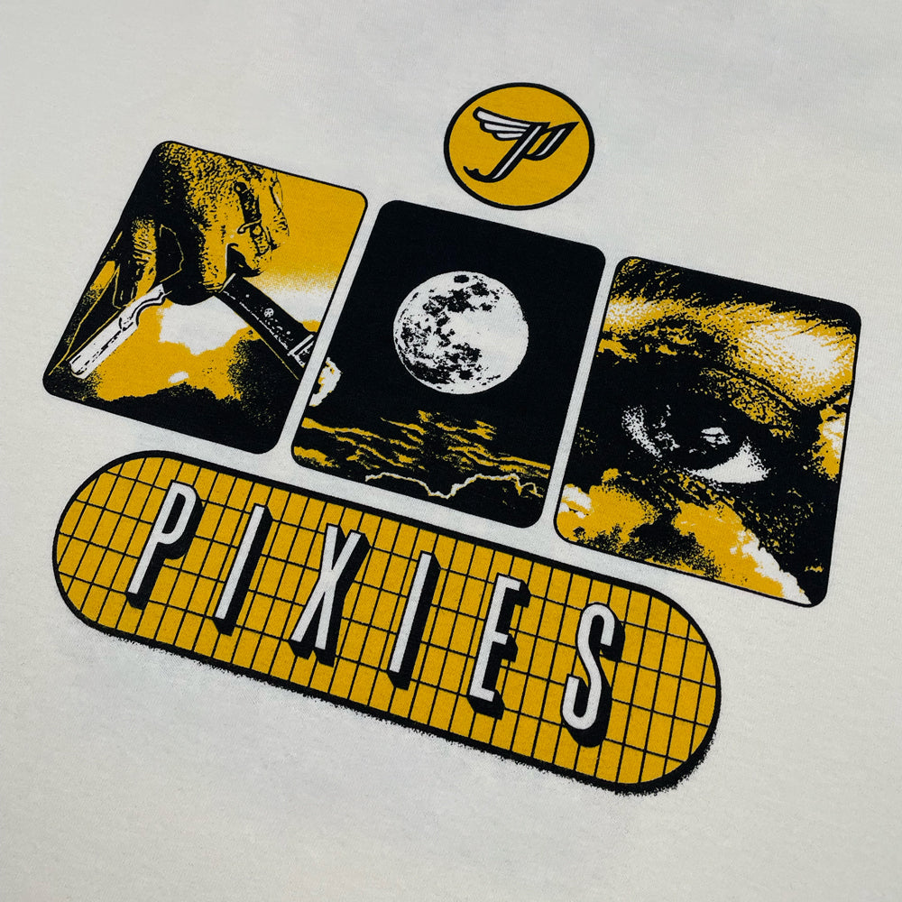 A close up of a natural color t shirt with a black and yellow Pixies "Circle P" logo and a series of black and yellow photos depicting a razor blade, a full moon, and a eye. Below is a yellow grid with text reading "Pixies"