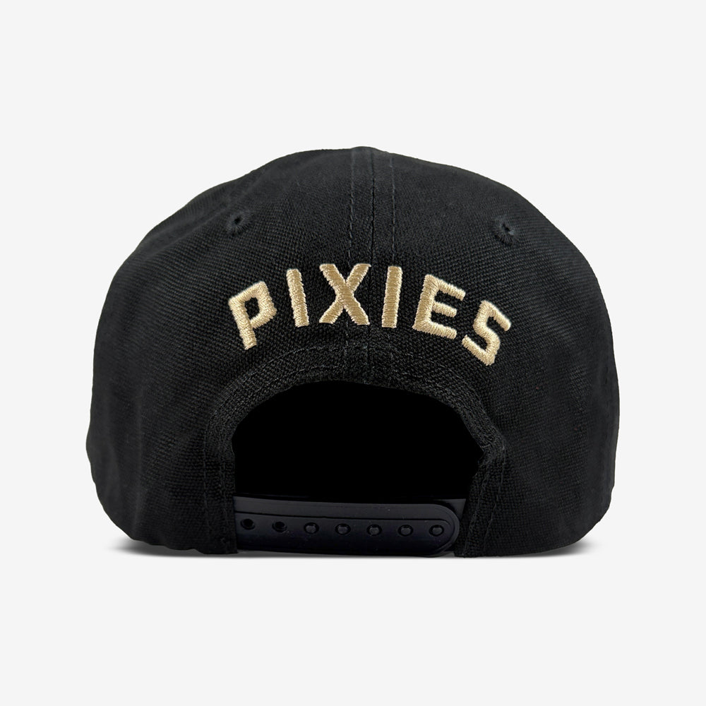 Back of the black Pixies Where’s My Mind Snapback with tan Pixies embroidery above an adjustable black snap closure.