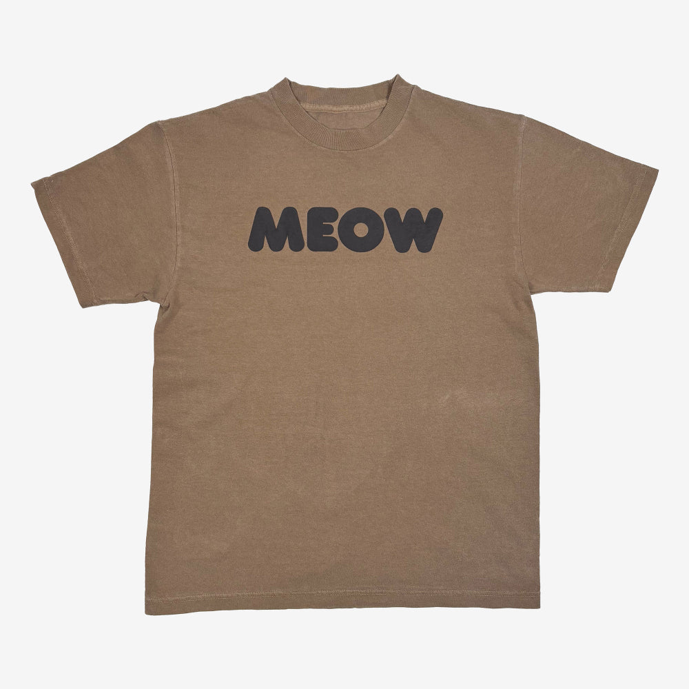 Brown t-shirt with 'MEOW' printed; official Ted & Herb merch by TSURT