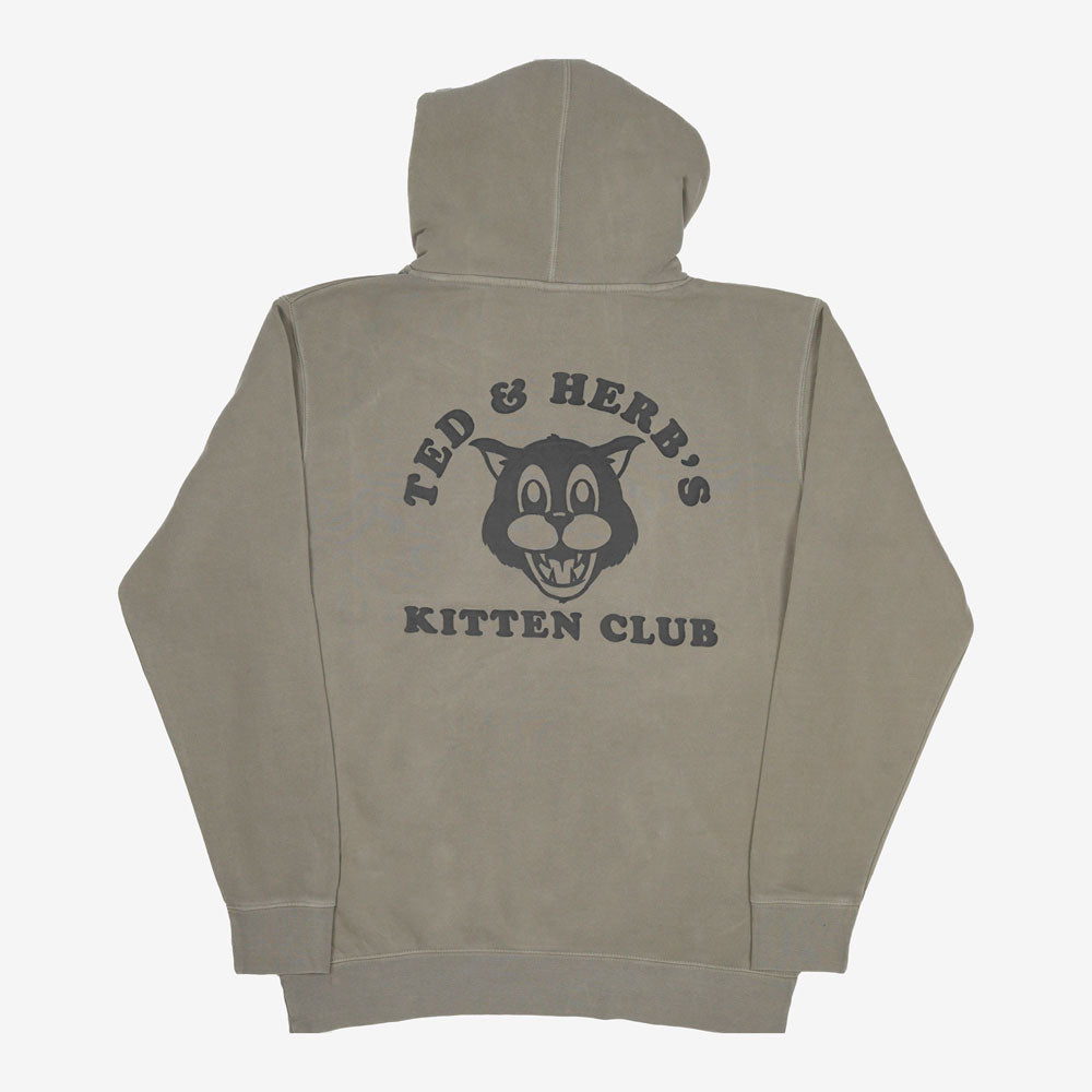 Grey pullover with Ted & Herb's Kitten Club printed; official Ted & Herb merch by TSURT