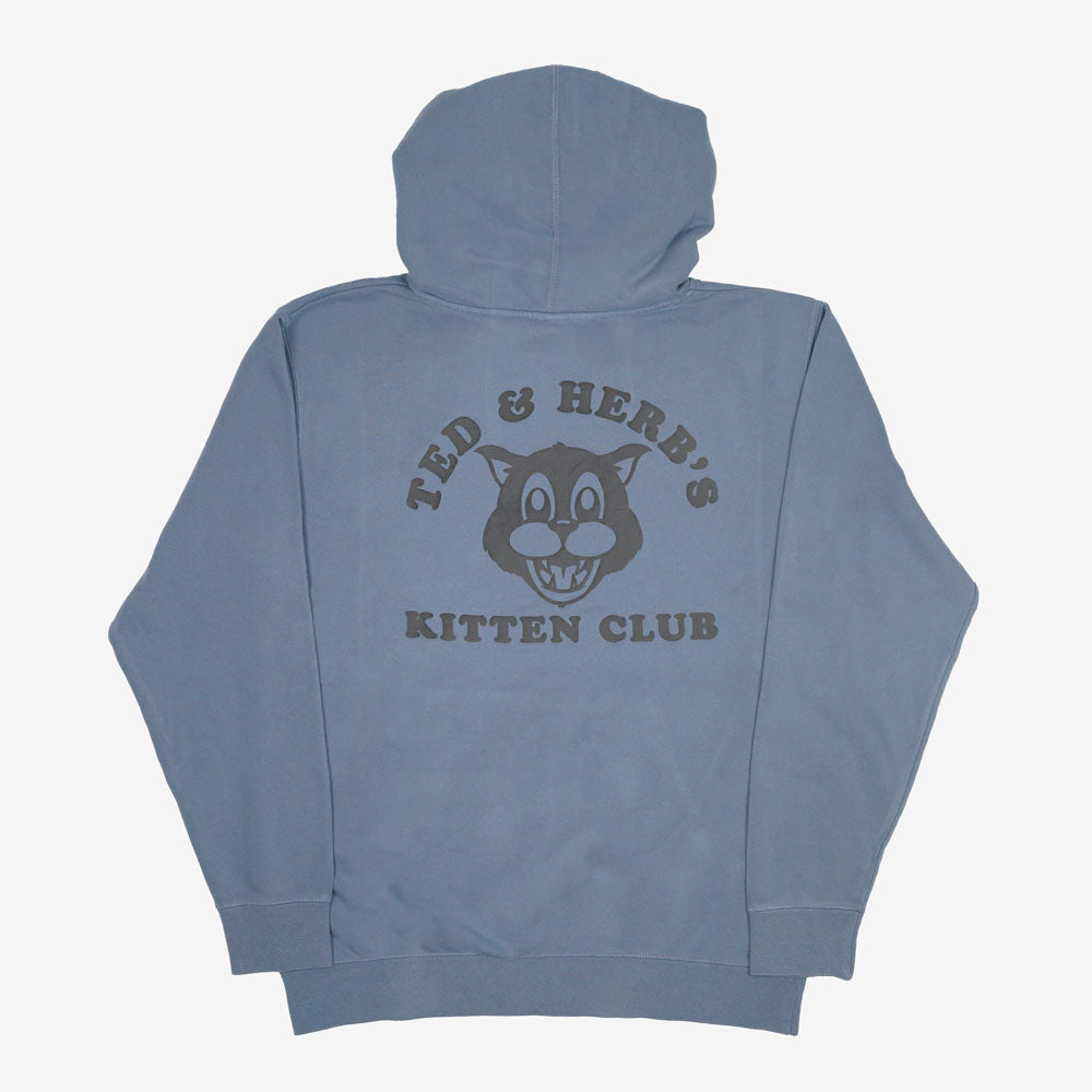 Blue Pullover with Ted & Herb's Kitten Club printed; official Ted & Herb merch by TSURT