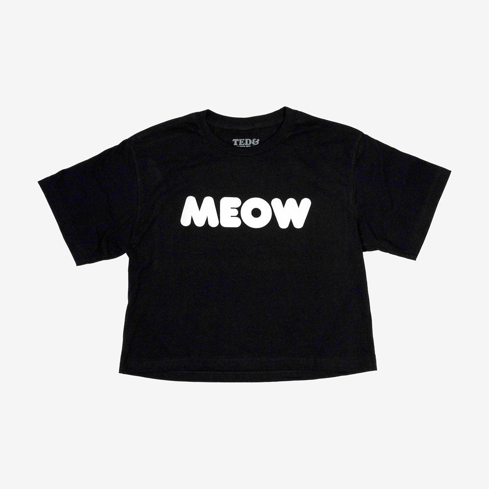 Black crop t-shirt with 'MEOW' printed; official Ted & Herb merch by TSURT