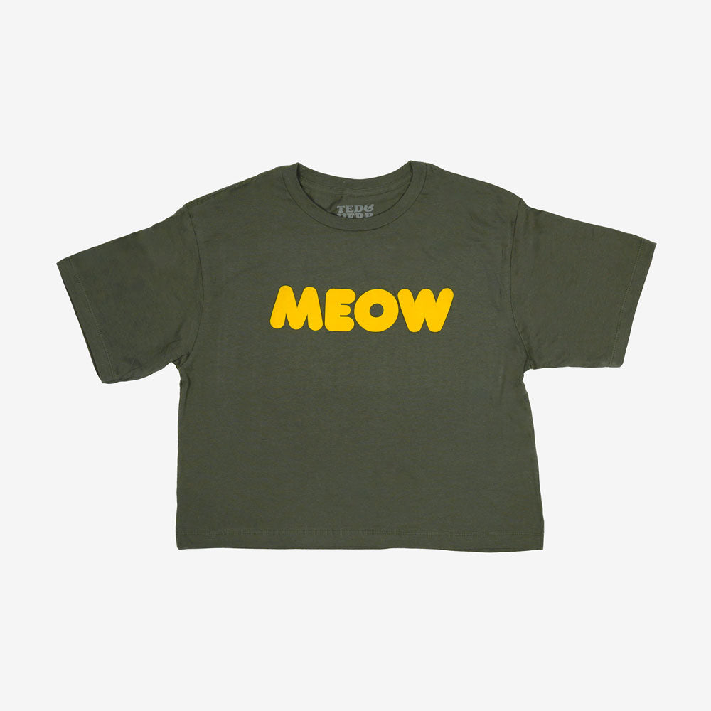 Green crop t-shirt with 'MEOW' printed; official Ted & Herb merch by TSURT