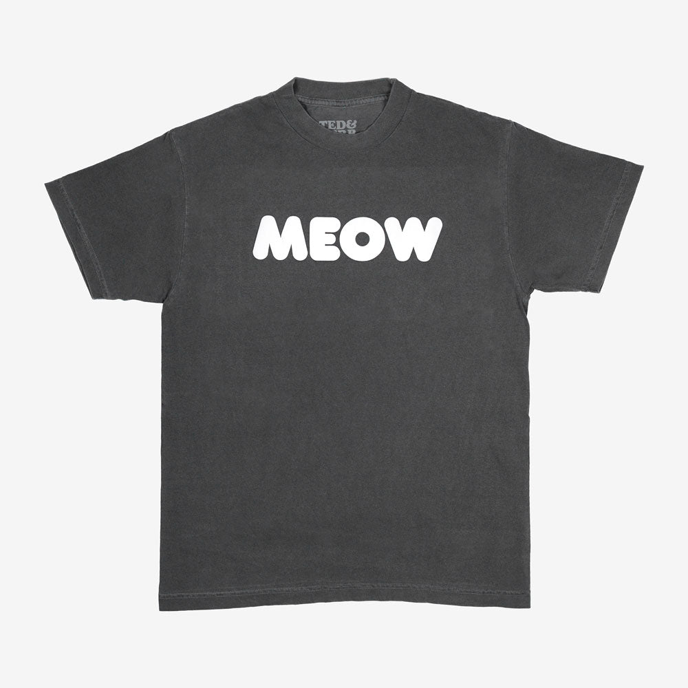 Black t-shirt with 'MEOW' printed; official Ted & Herb merch by TSURT